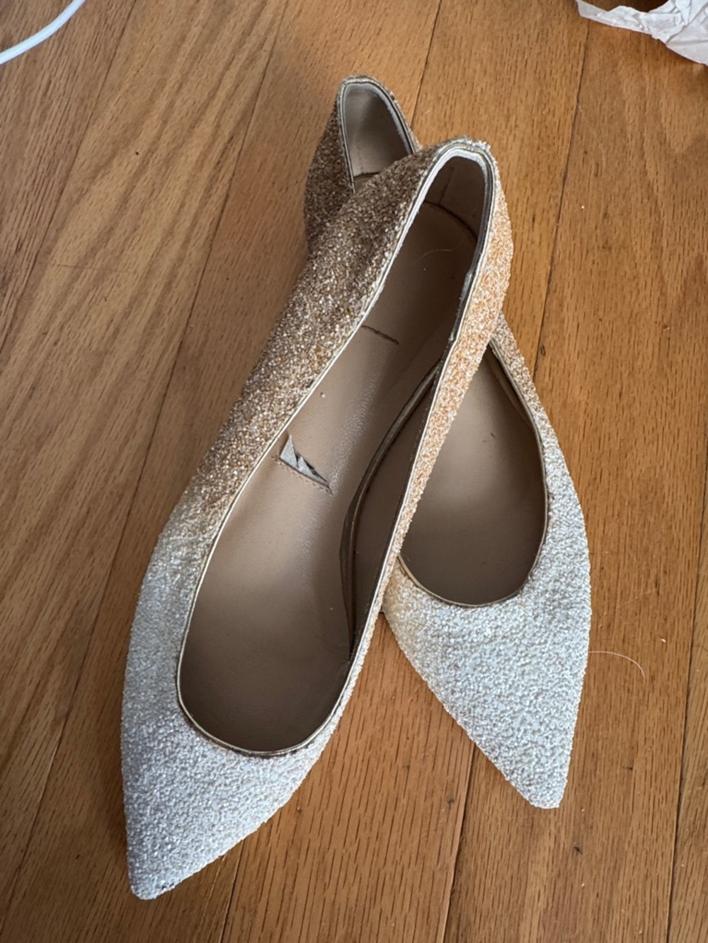 Jimmy Choo Ombré Romy Glitter Pointed Flats in Gold and Ivory
